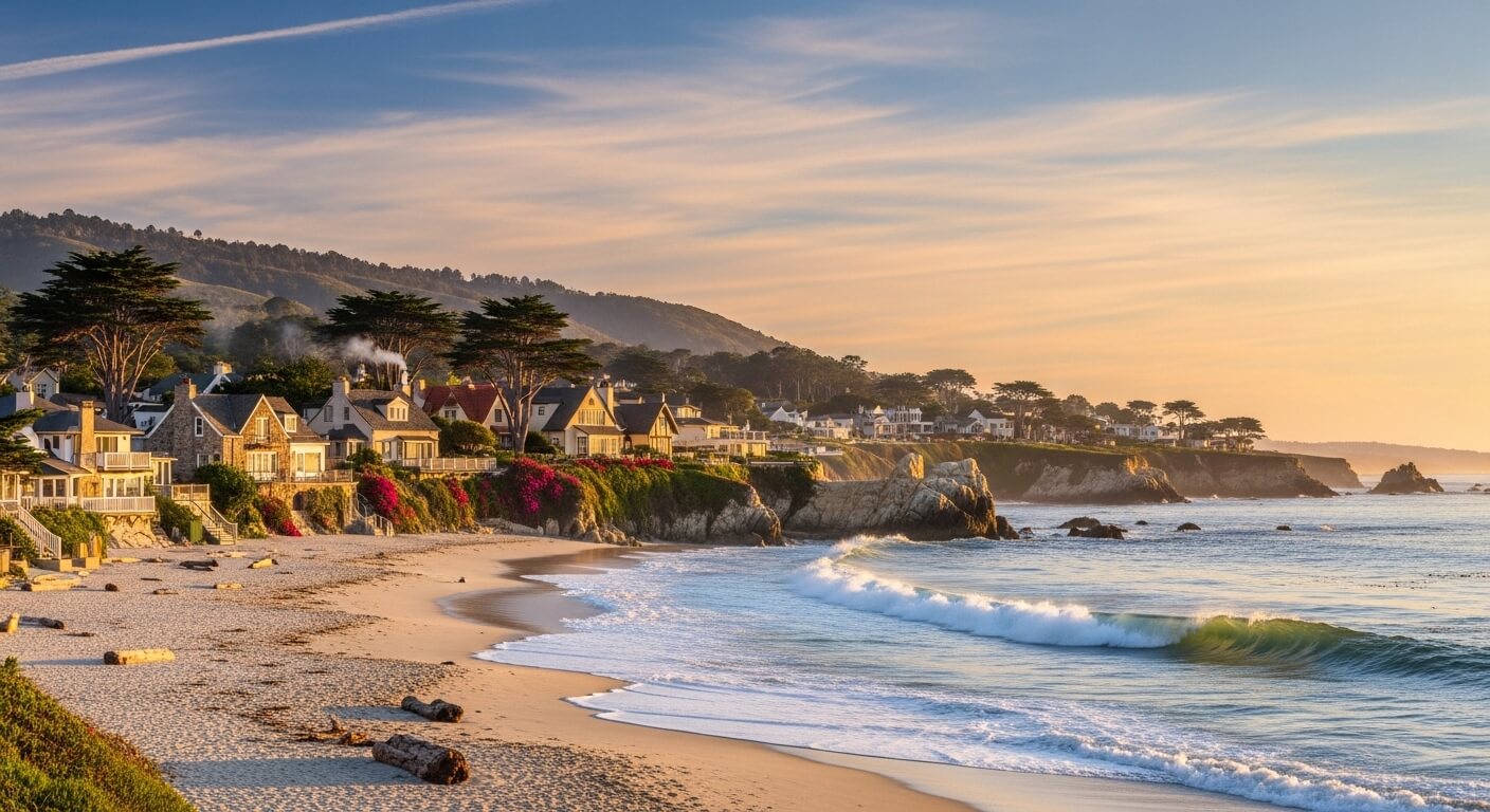 Coastal houses along a sandy beach with waves and hills in the background at sunset.