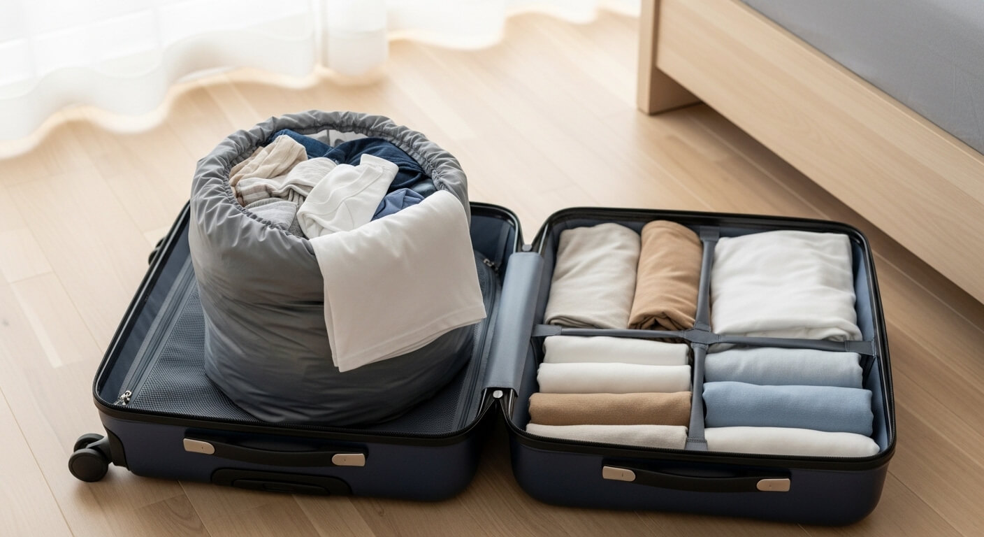 Open suitcase with neatly folded and rolled clothes and a laundry bag on a wooden floor next to a bed