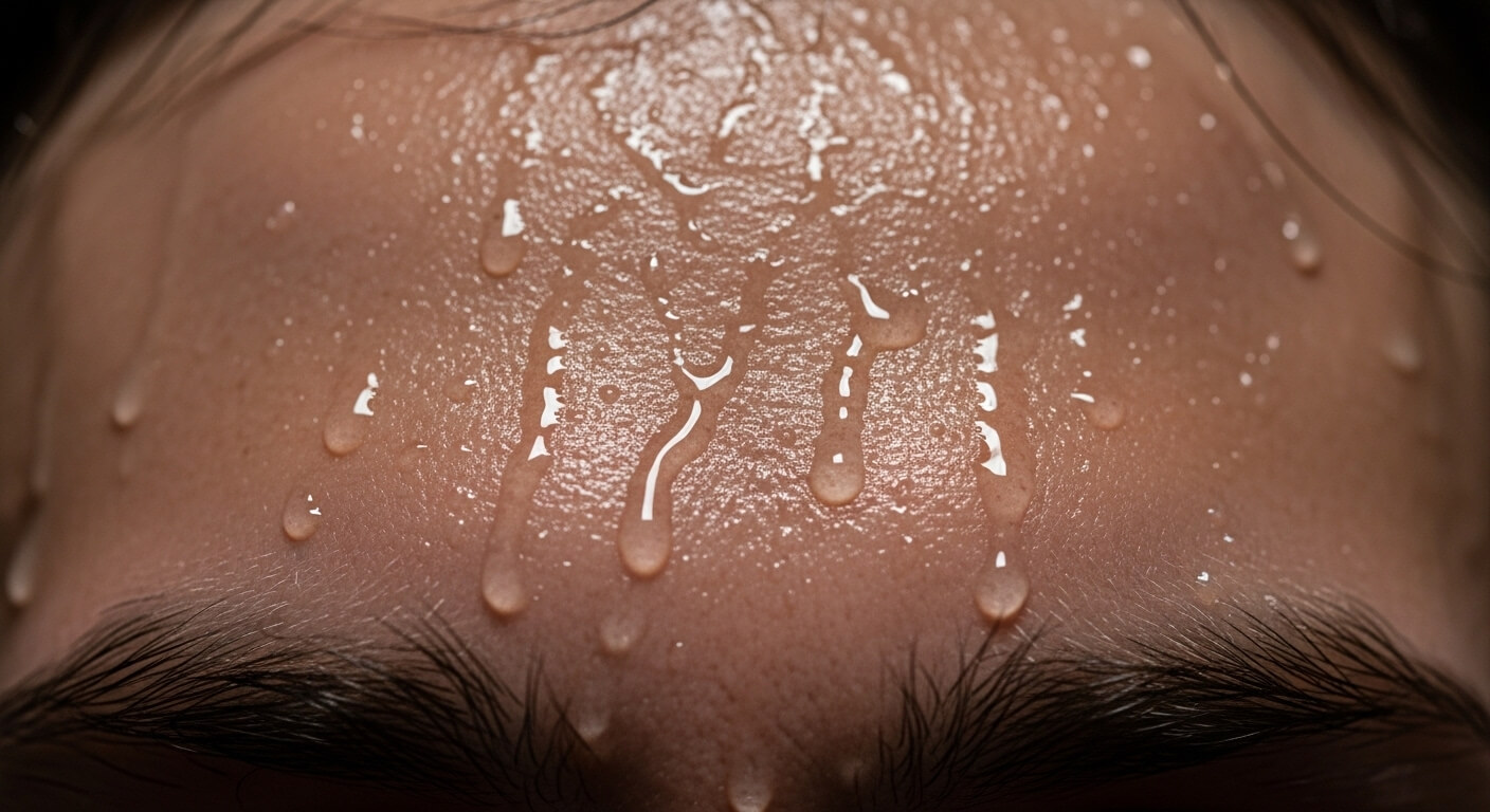 Close-up of a forehead with sweat droplets and visible skin texture and eyebrows.