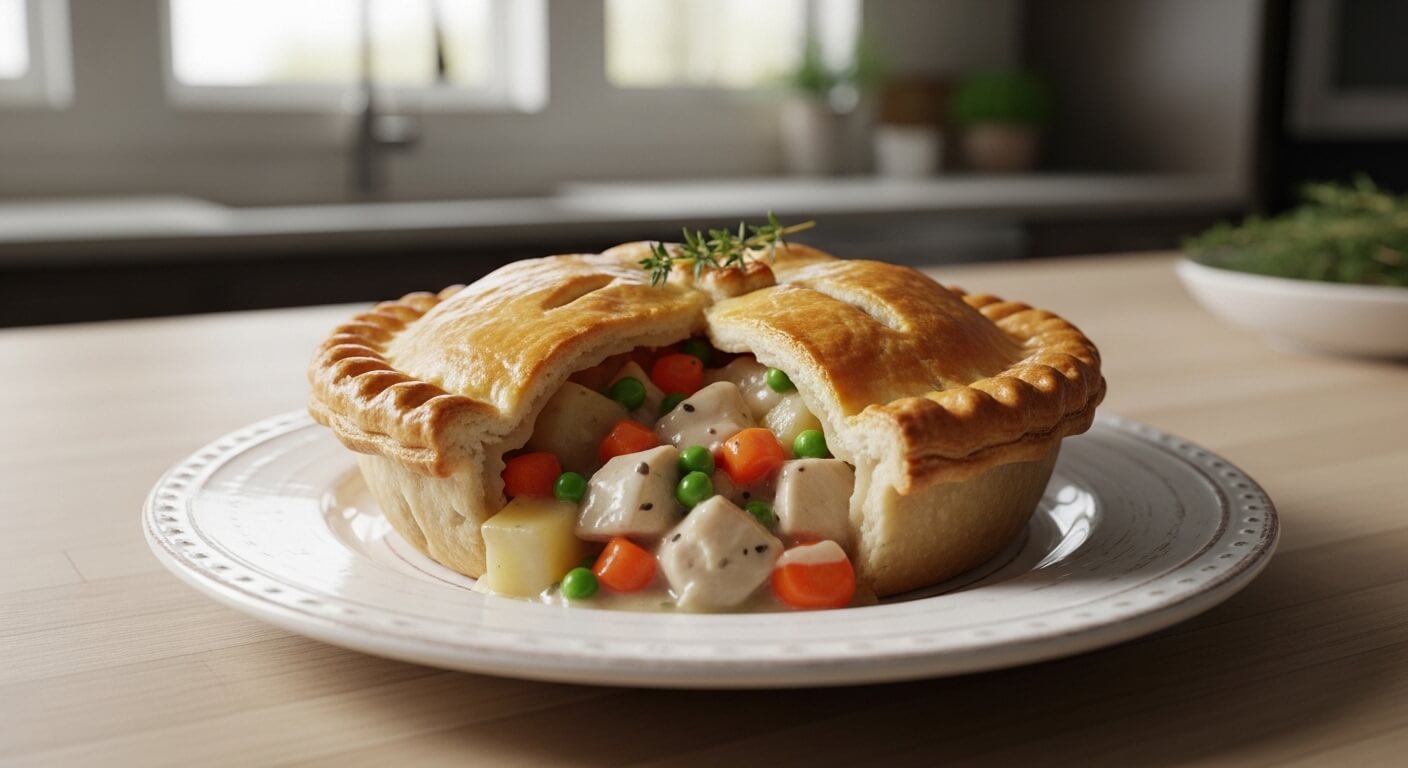 Chicken pot pie with carrots, peas, and potatoes on a white plate in a kitchen setting