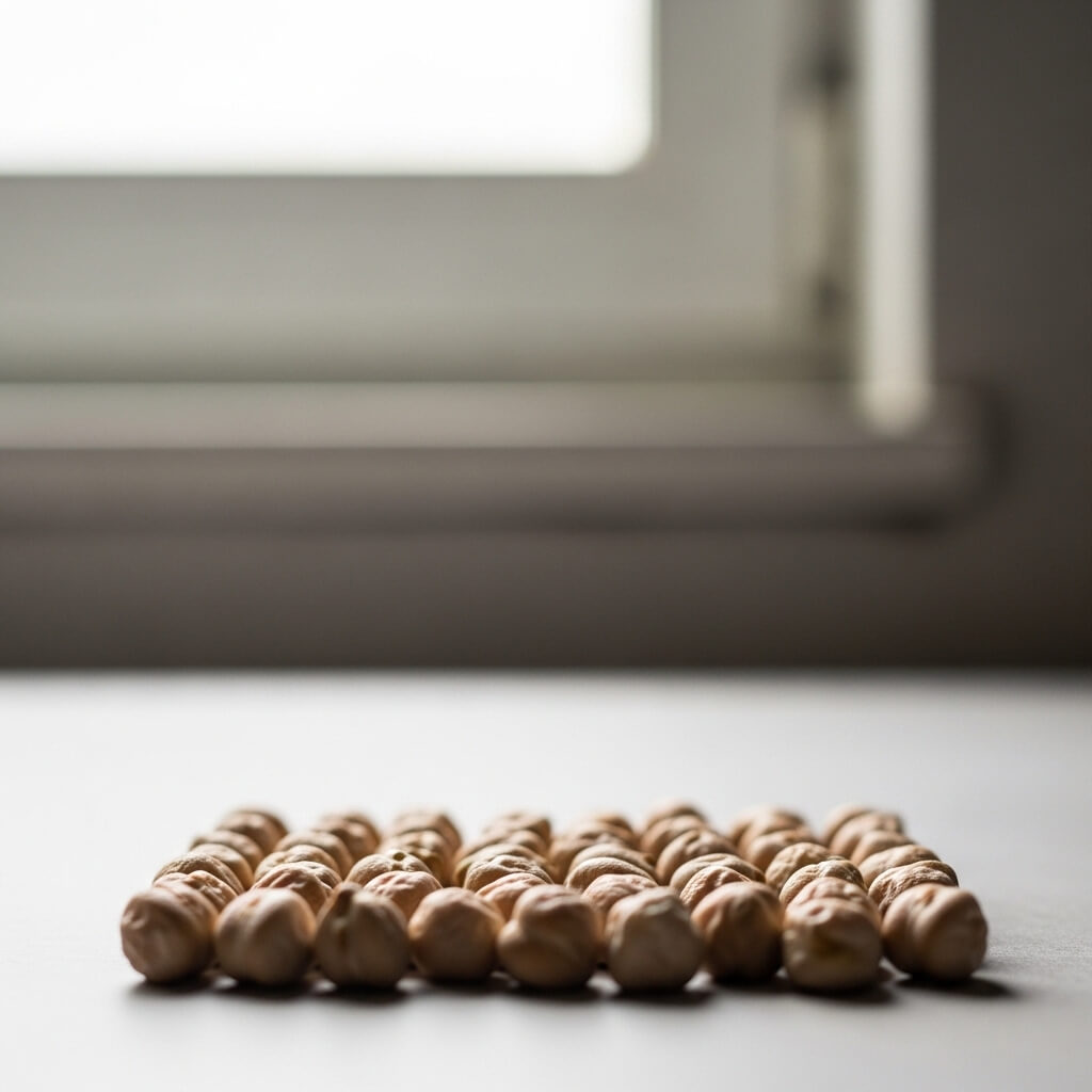 Rows of dried chickpeas arranged on a white surface near a window sill
