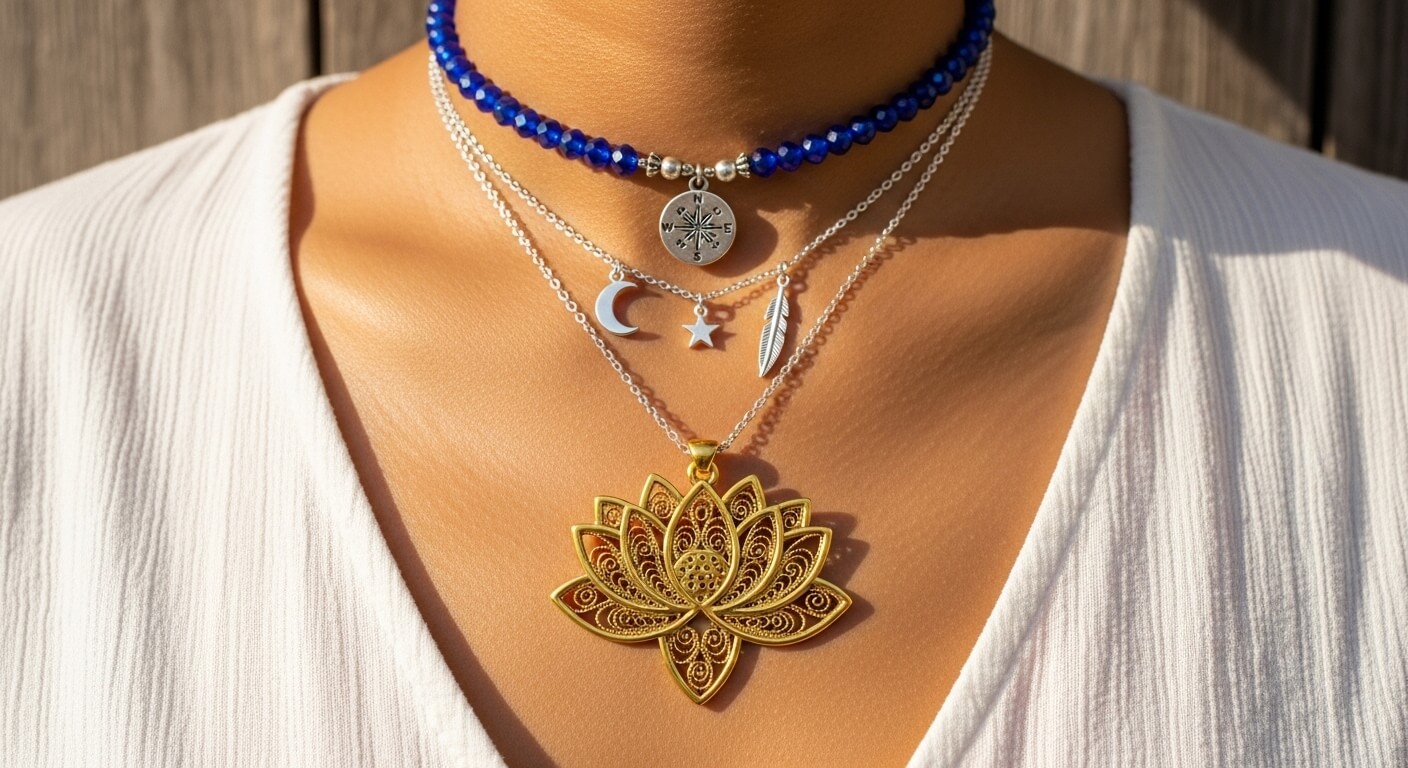 Tampilan jarak dekat dari kalung berlapis dengan manik-manik biru, kompas, bulan, bintang, bulu, dan liontin teratai emas pada seseorang yang mengenakan pakaian putih