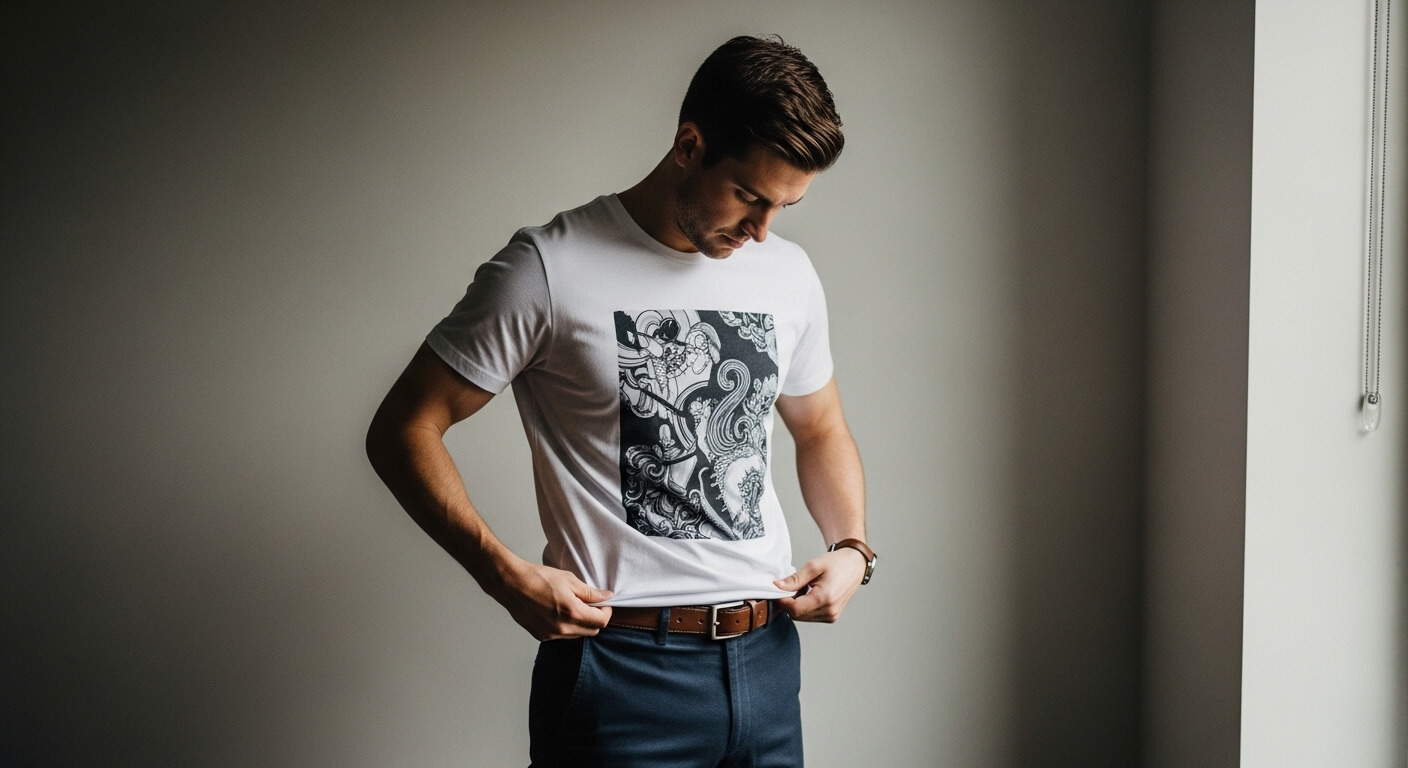 Man wearing white graphic t-shirt with black and white design, adjusting shirt near window light