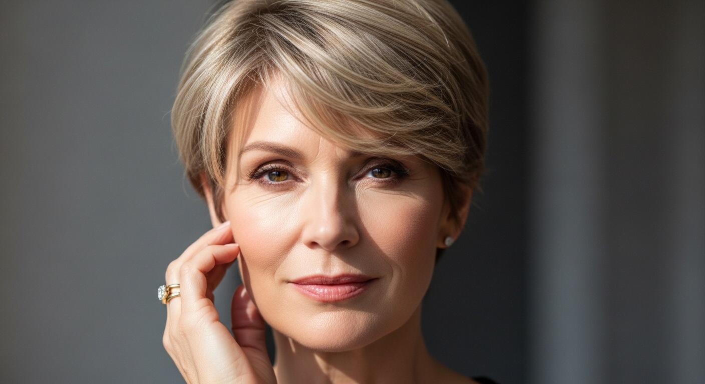 Close-up of a mature woman with short blonde hair touching her face, wearing a diamond ring and stud earrings.