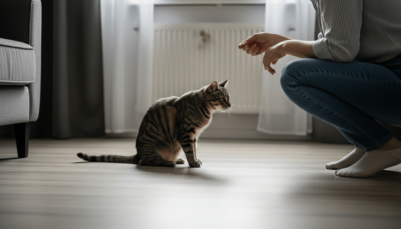 Person crouching and reaching out to a tabby cat sitting on a wooden floor near a radiator and curtains.