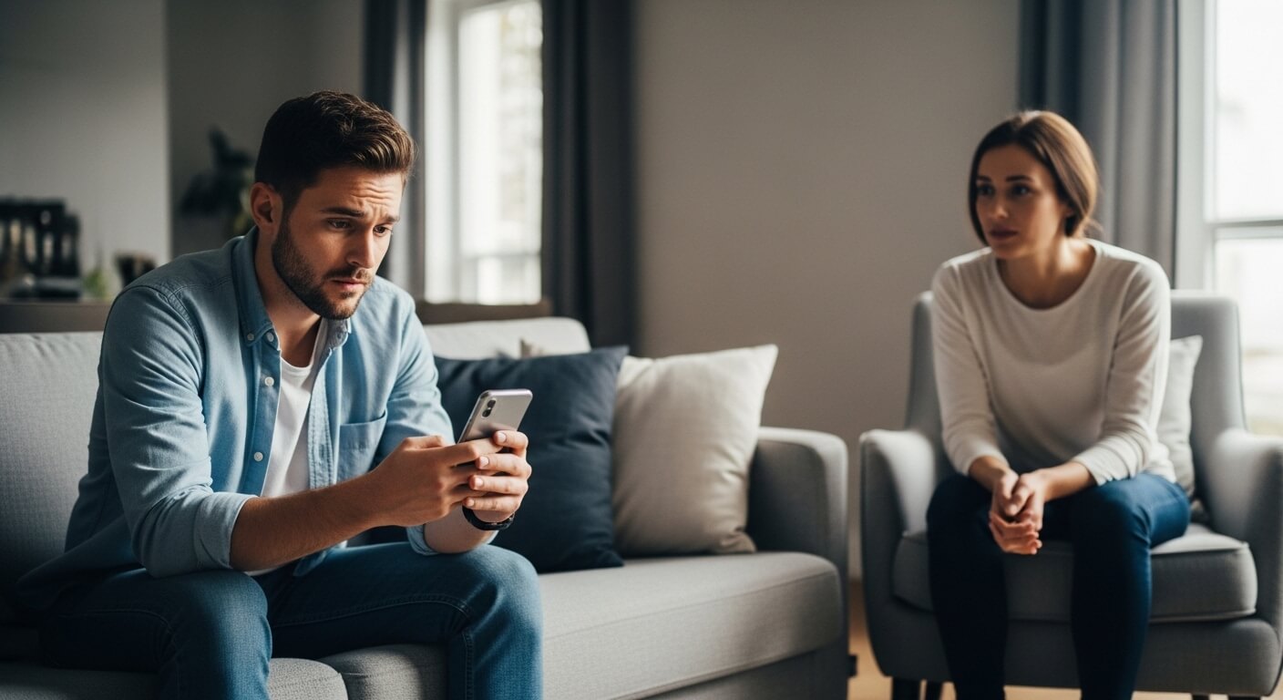 Man looking at smartphone with concerned expression while woman watches him in living room