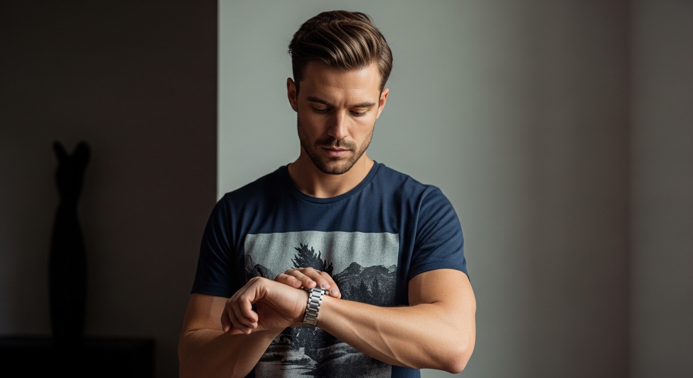 Man in navy blue t-shirt checking a silver wristwatch indoors against a plain background.