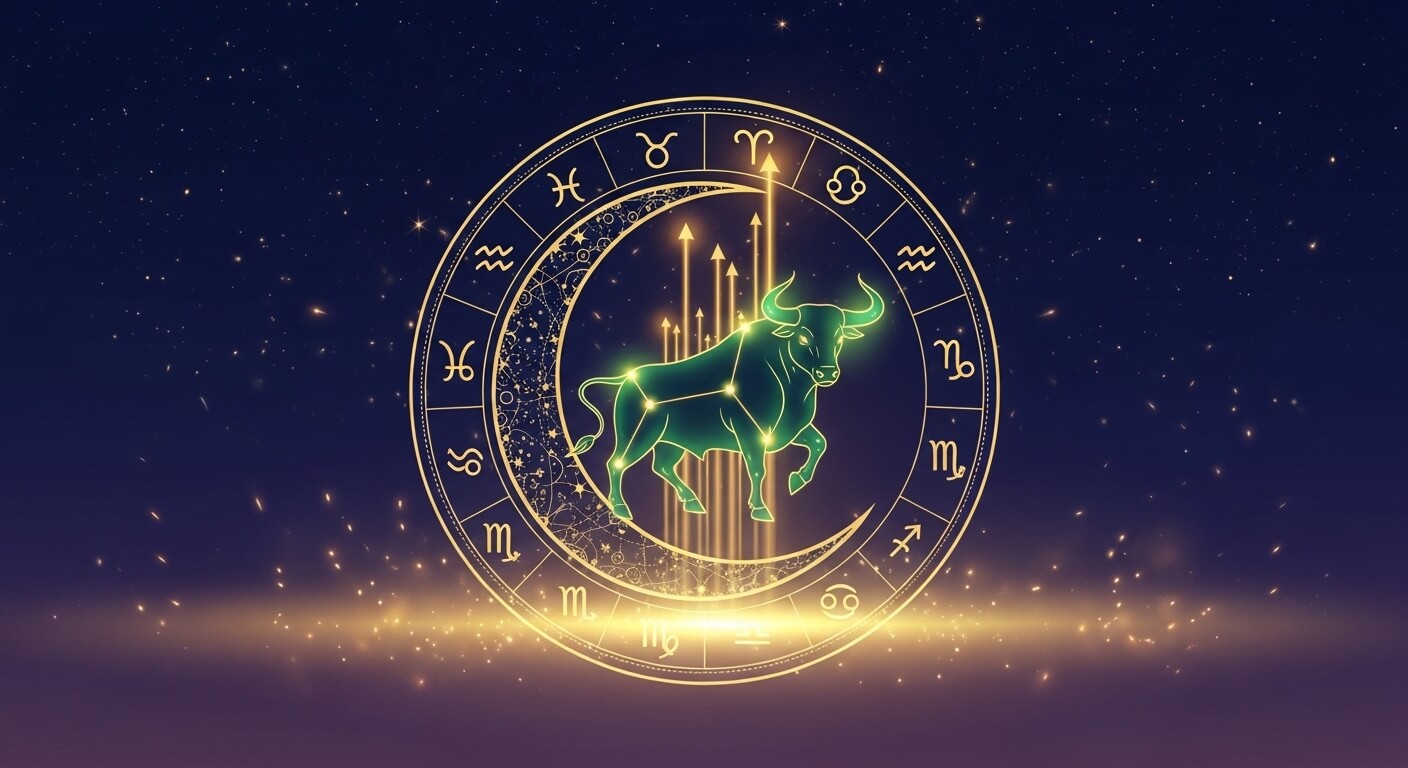 Glowing Taurus zodiac sign with constellation inside a circular zodiac wheel on a starry background.