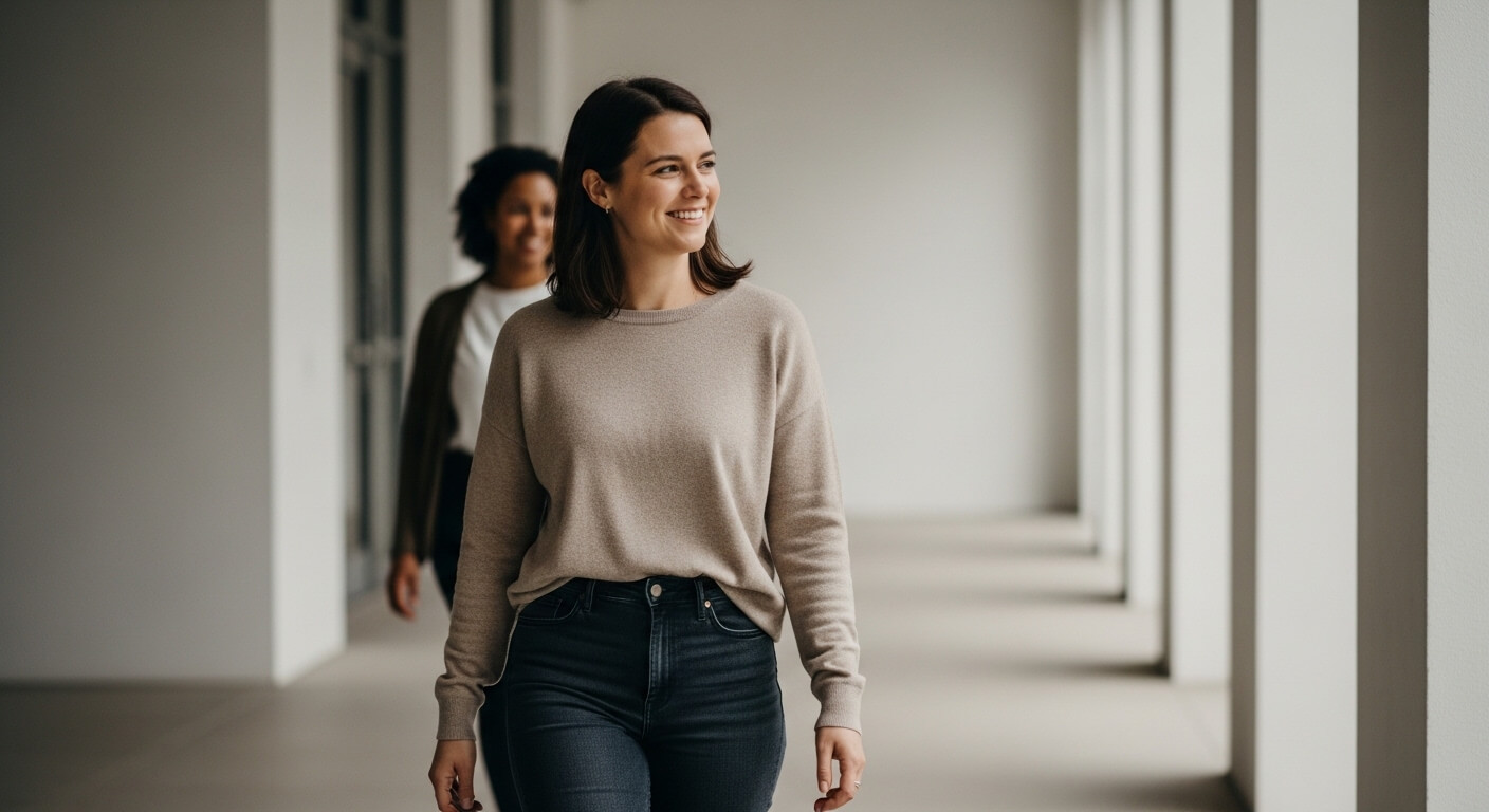 Two women walking in a bright hallway, one wearing a beige sweater and black jeans, smiling and looking to the side.