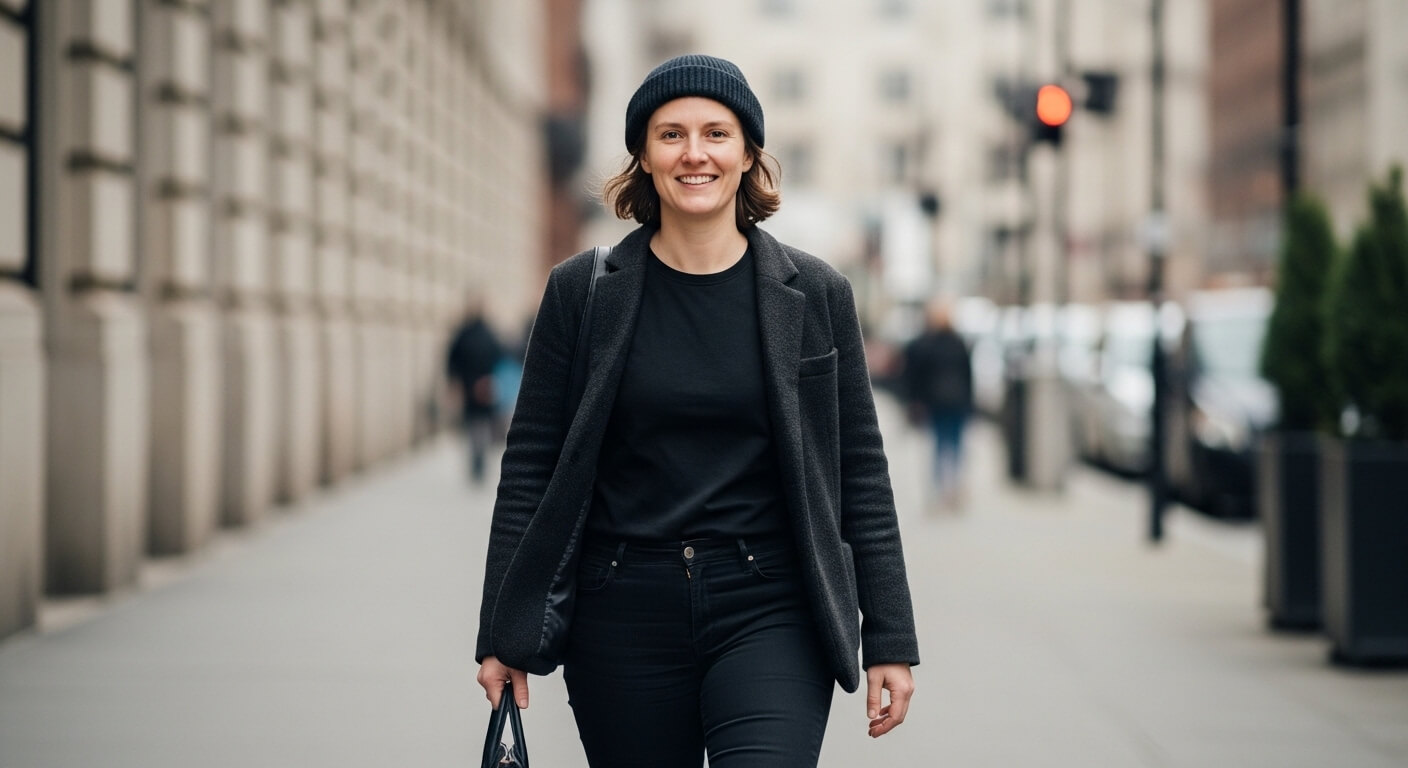 Smiling woman wearing a black beanie, black blazer, and black jeans walking on a city sidewalk.