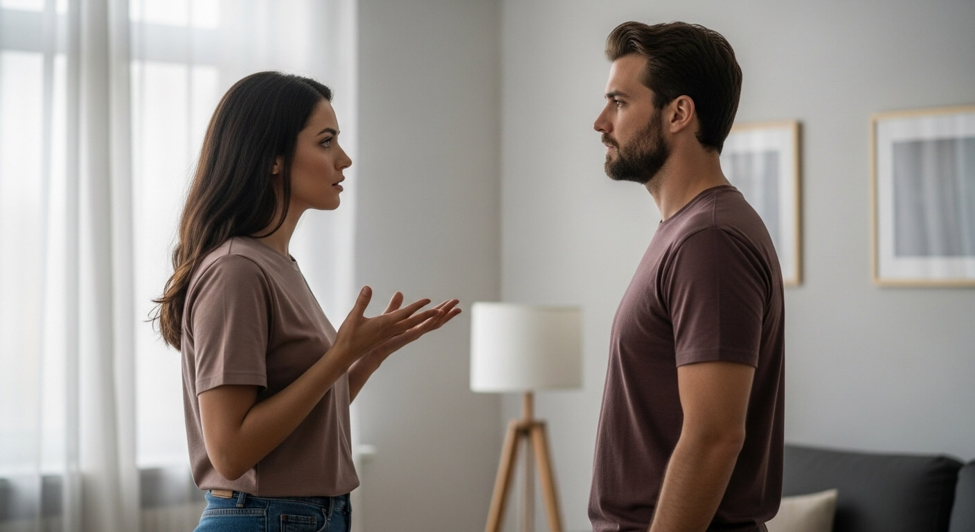 Woman gesturing while talking to a man in a brown t-shirt in a modern living room.