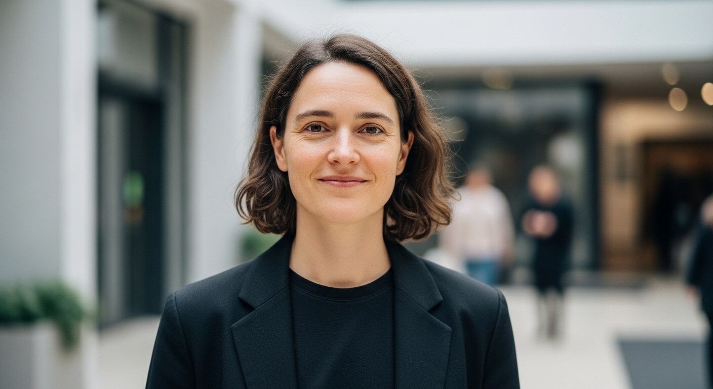 Smiling woman with short brown hair wearing a black blazer in a modern indoor setting.