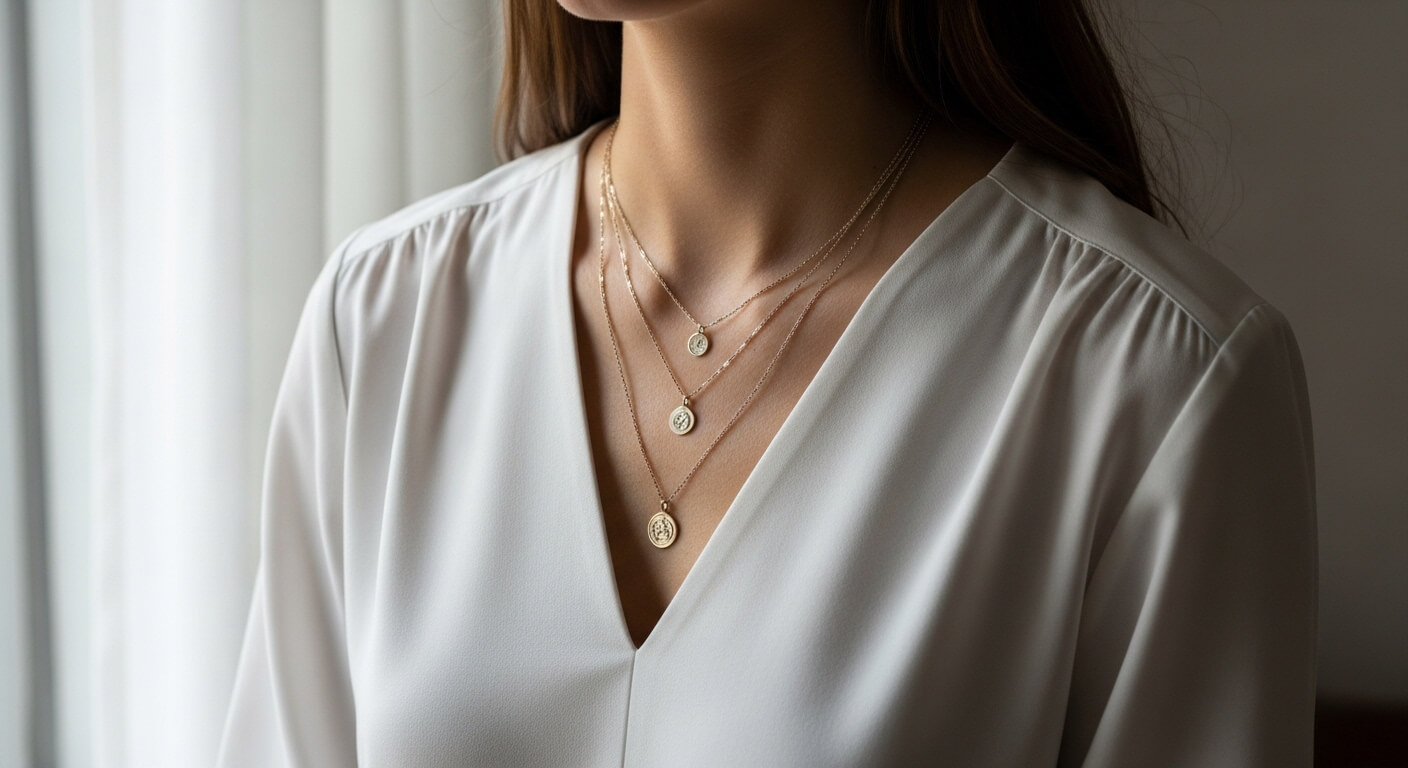 Wanita mengenakan kalung liontin koin emas tiga lapis dengan blus V-neck putih