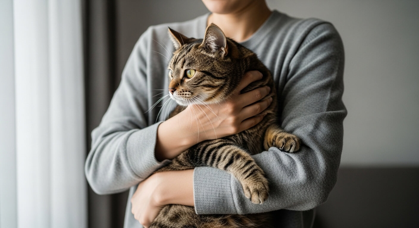 Person in gray sweater holding a brown tabby cat looking to the side indoors near a window