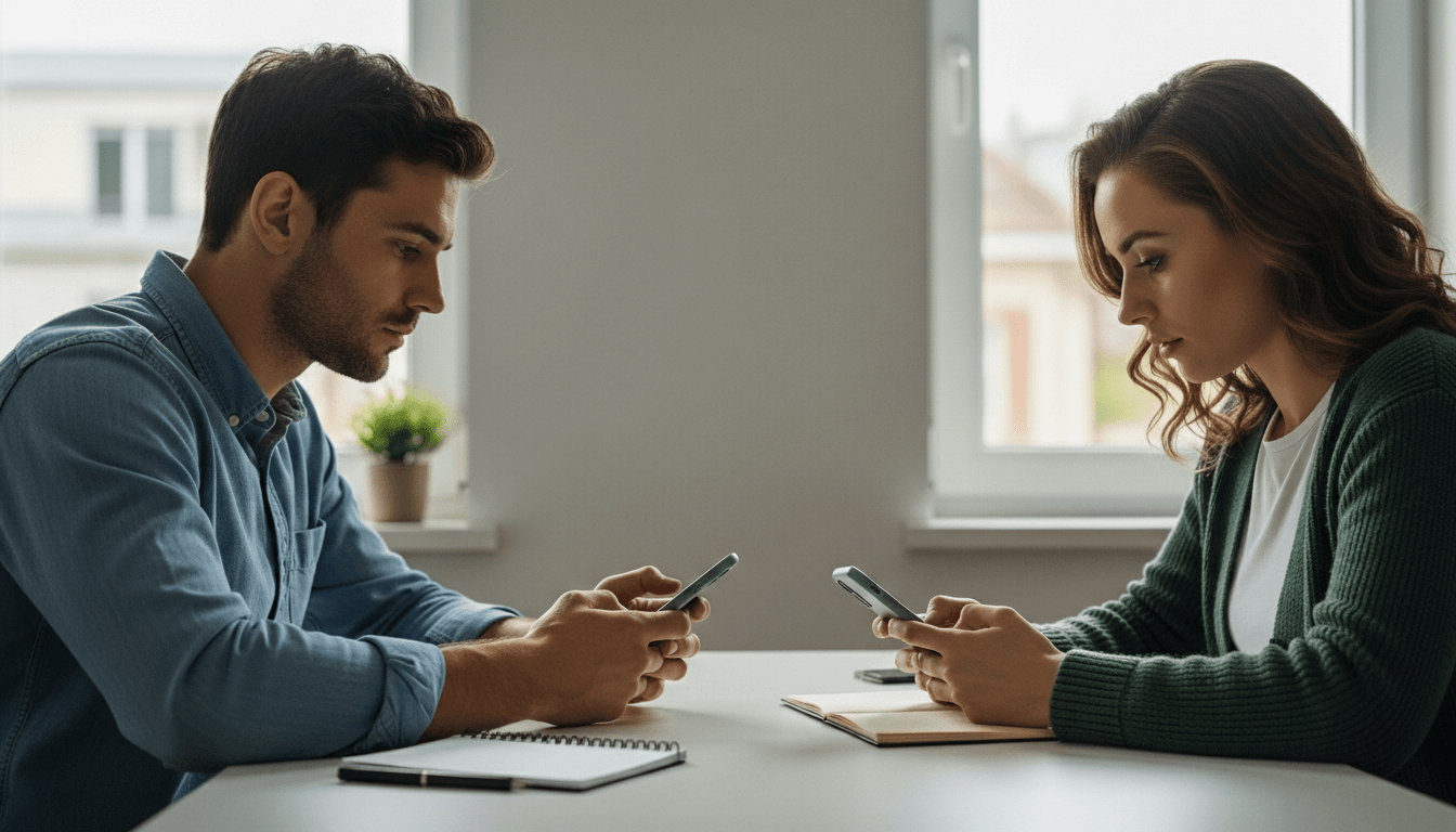 Man and woman sitting at a table using smartphones with notebooks and pens in front of them near windows.