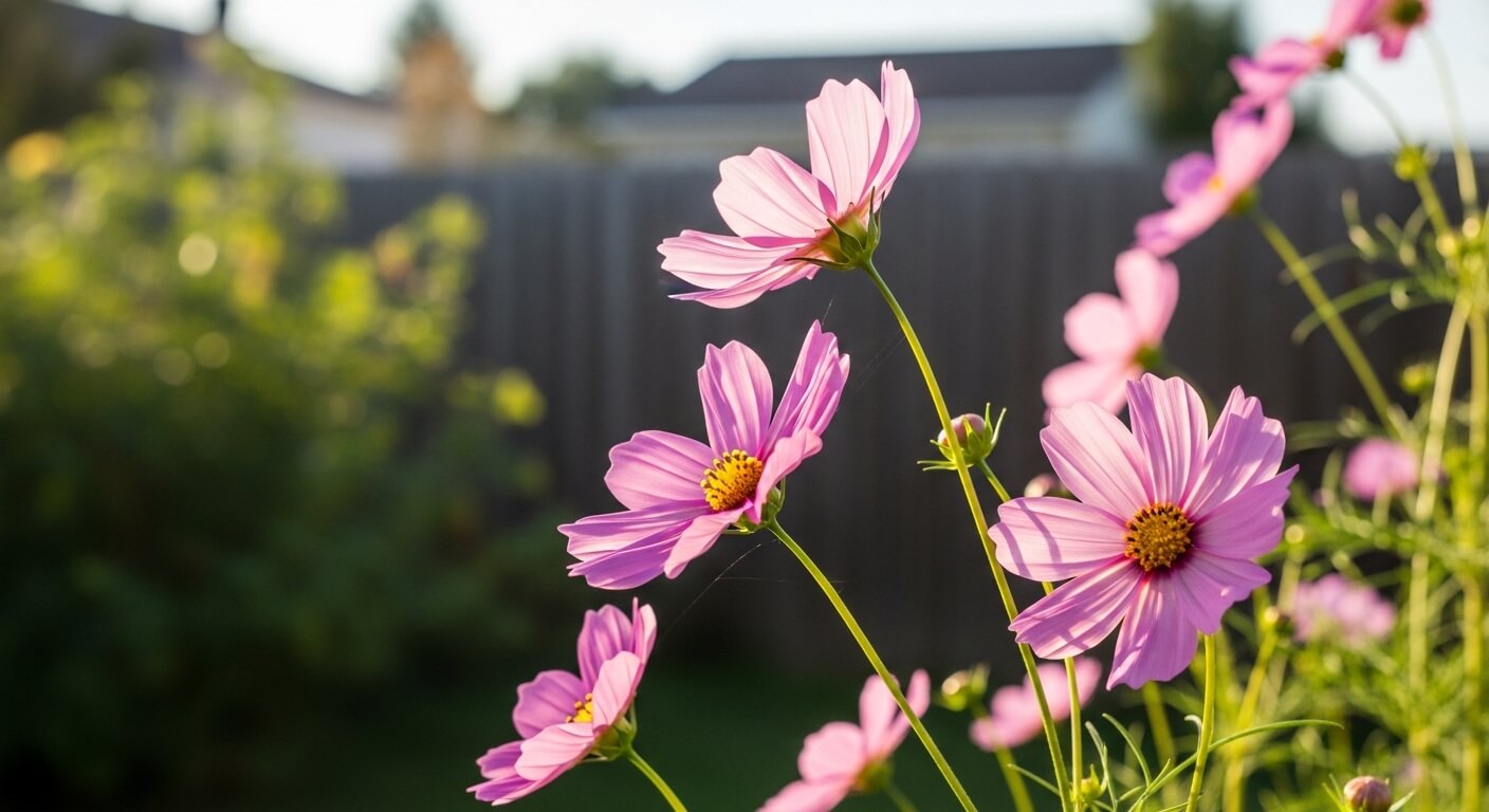 Pink cosmos flowers blooming in a sunlit garden with a blurred fence background.