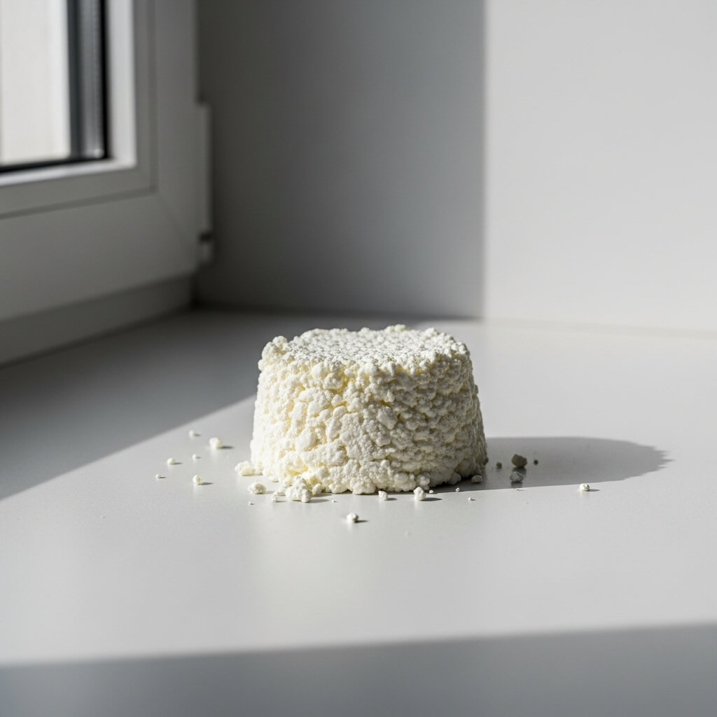 Small round block of fresh cottage cheese on a white surface near a window with natural light