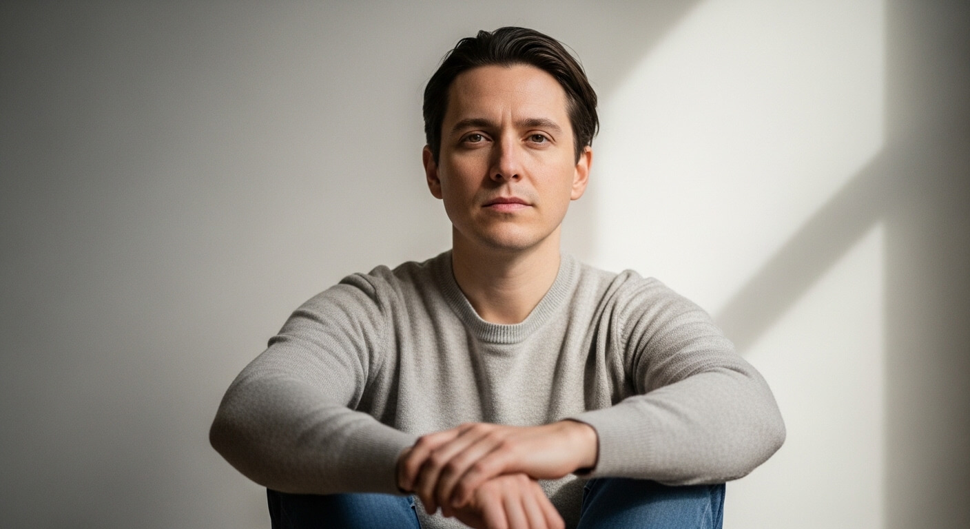 Young man with dark hair wearing a light gray sweater sitting with arms crossed on knees against a plain background