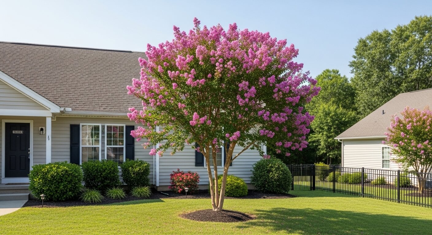 Crape myrtle tree with pink flowers in front yard of a suburban house with beige siding and black shutters.