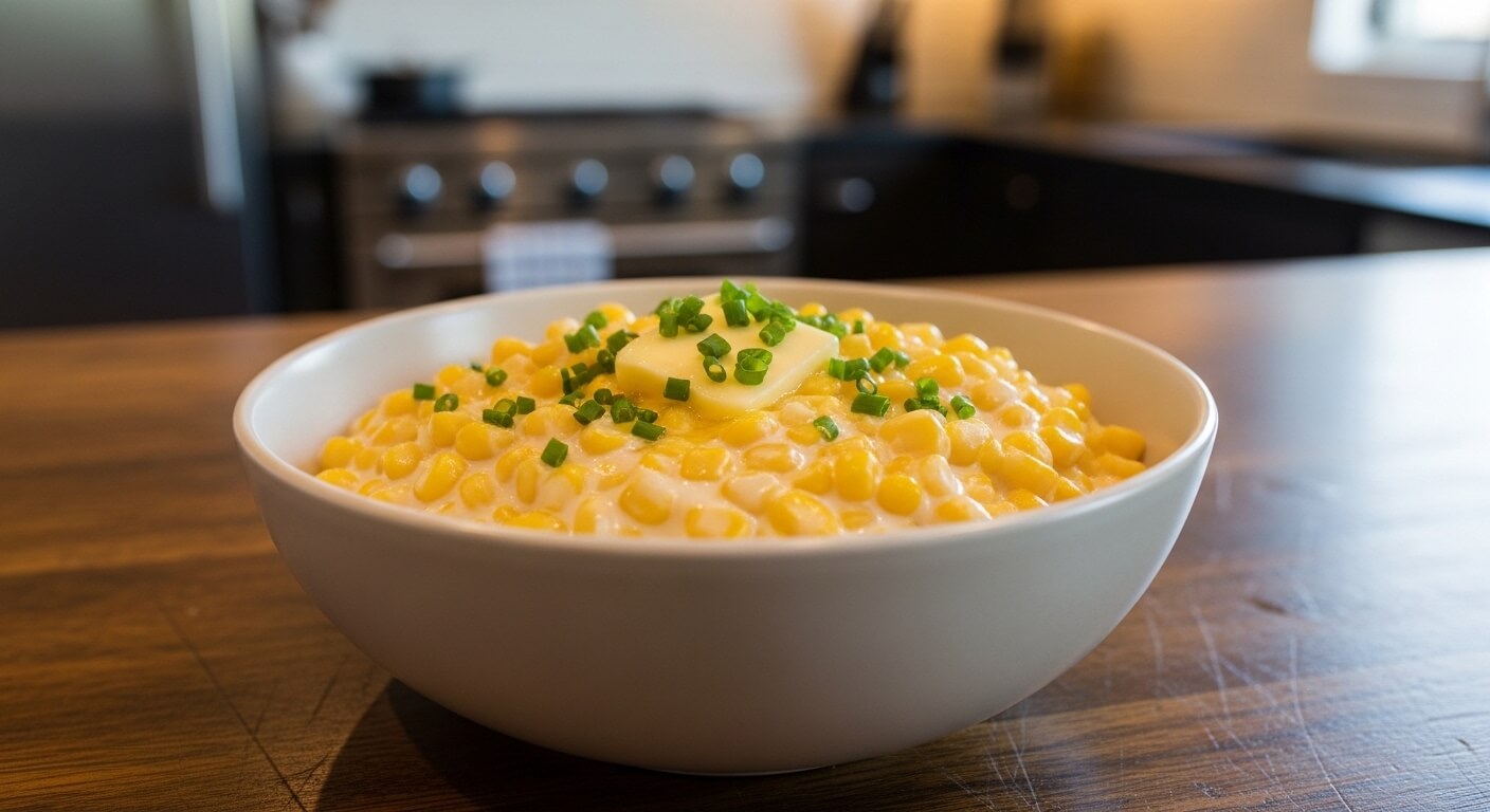Bowl of creamed corn topped with a pat of butter and chopped green onions on a wooden table.