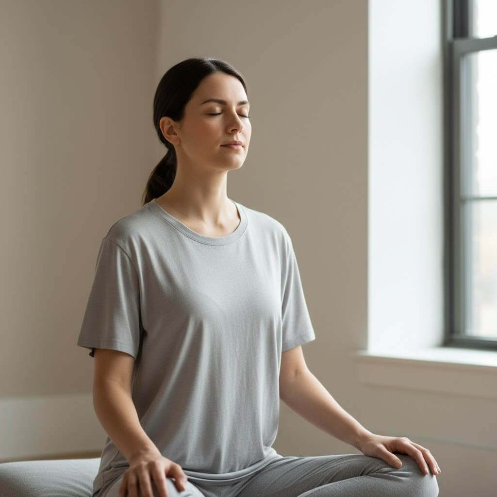 Woman in gray shirt meditating with eyes closed near a window in a bright room