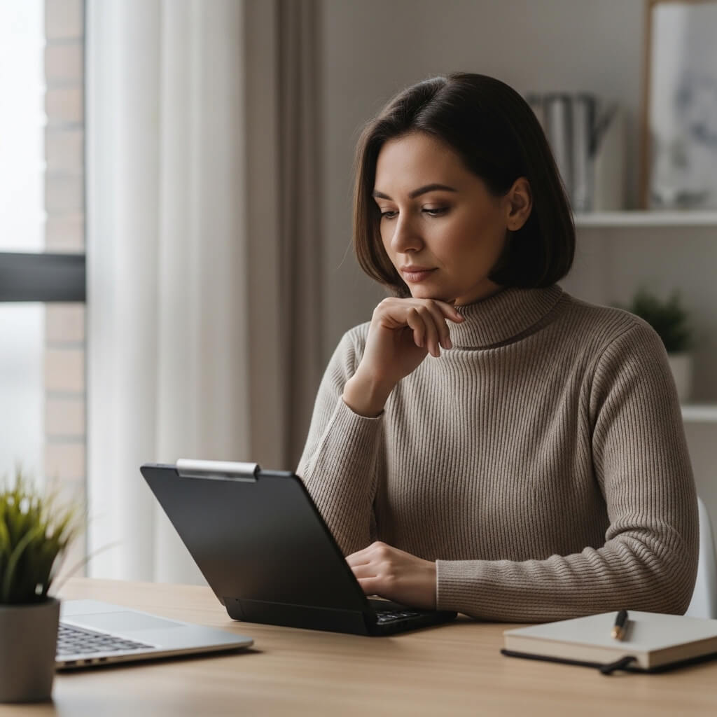 Woman in beige turtleneck sweater using a tablet at a desk with a laptop and notebook nearby