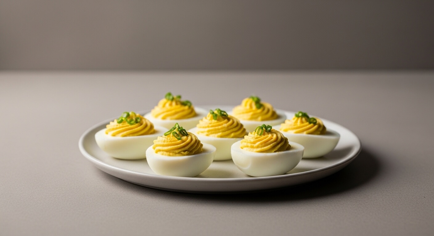 Plate of deviled eggs garnished with chopped green onions on a gray surface