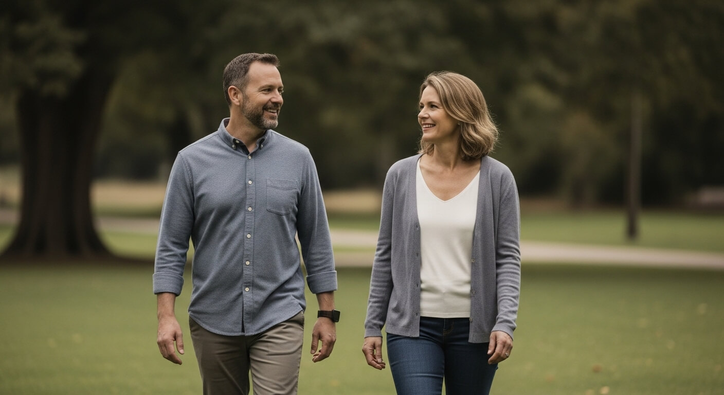 Man and woman walking and smiling in a park wearing casual gray and white clothing