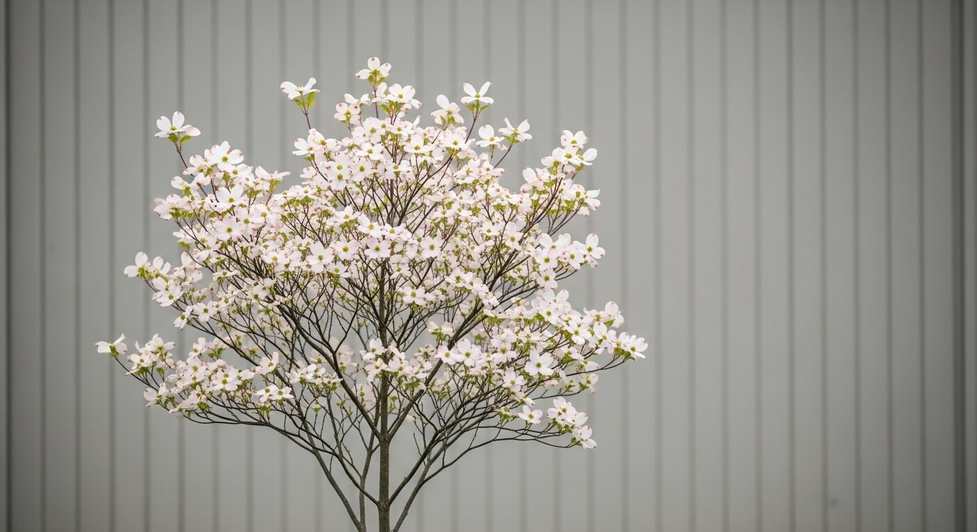 Dogwood tree with white blossoms against a gray vertical panel background