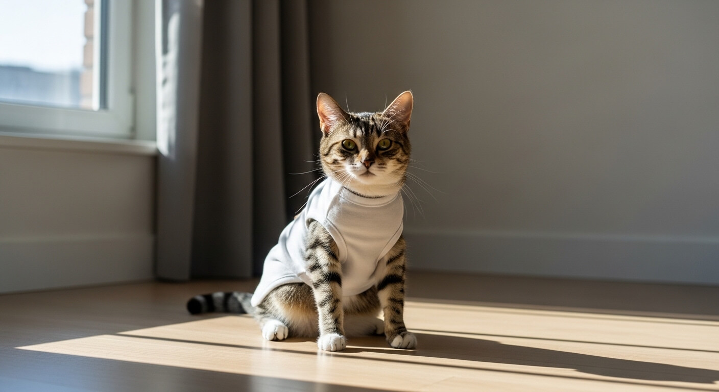 Tabby cat wearing a white shirt sitting on a sunlit wooden floor near a window with gray curtains.