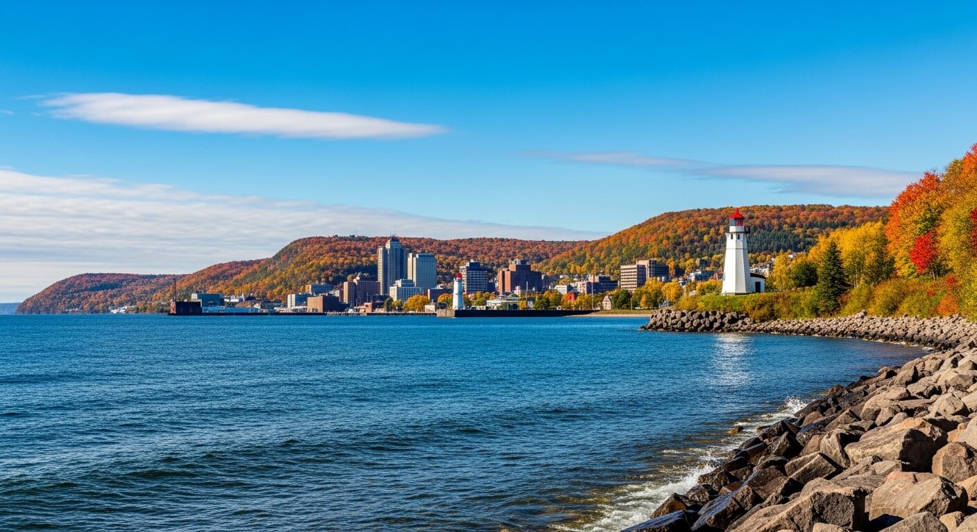 Duluth city skyline with autumn foliage and a lighthouse on the rocky shore by Lake Superior under a clear blue sky