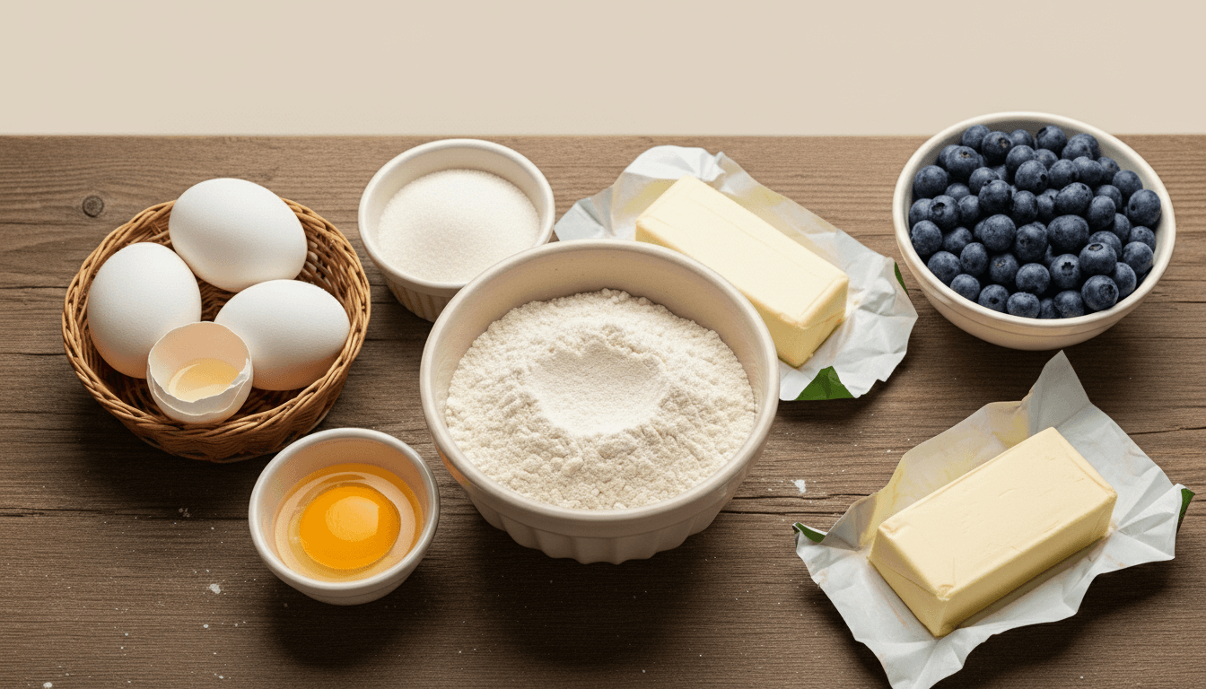 Bowls of flour, sugar, eggs, butter, and fresh blueberries on a wooden surface for baking.