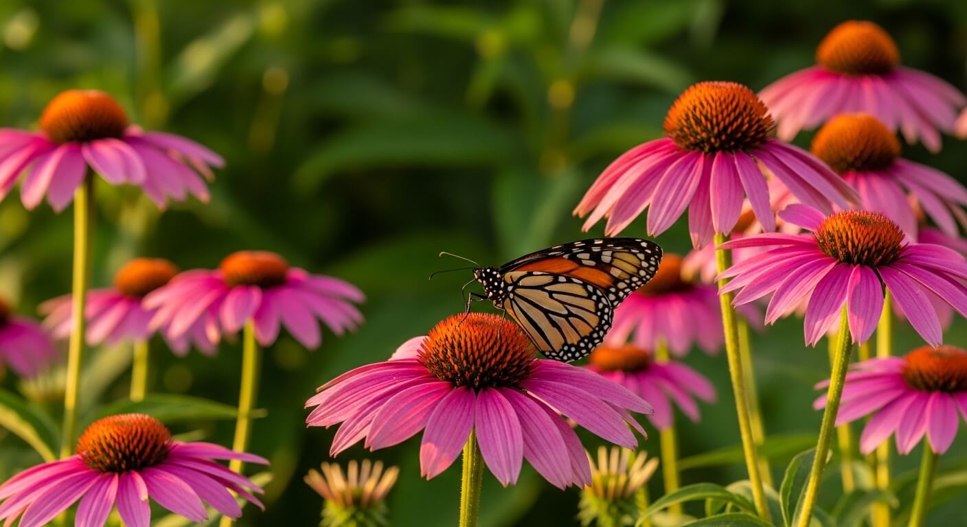 Monarch butterfly perched on a pink coneflower in a sunlit garden.