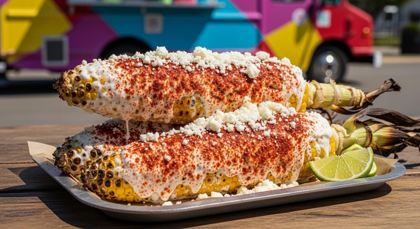 Two Mexican street corn ears with crema, chili powder, cheese, and lime wedges on a metal tray outdoors.