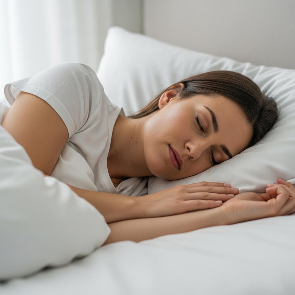 Young woman sleeping peacefully on a white pillow and bed with a white shirt.