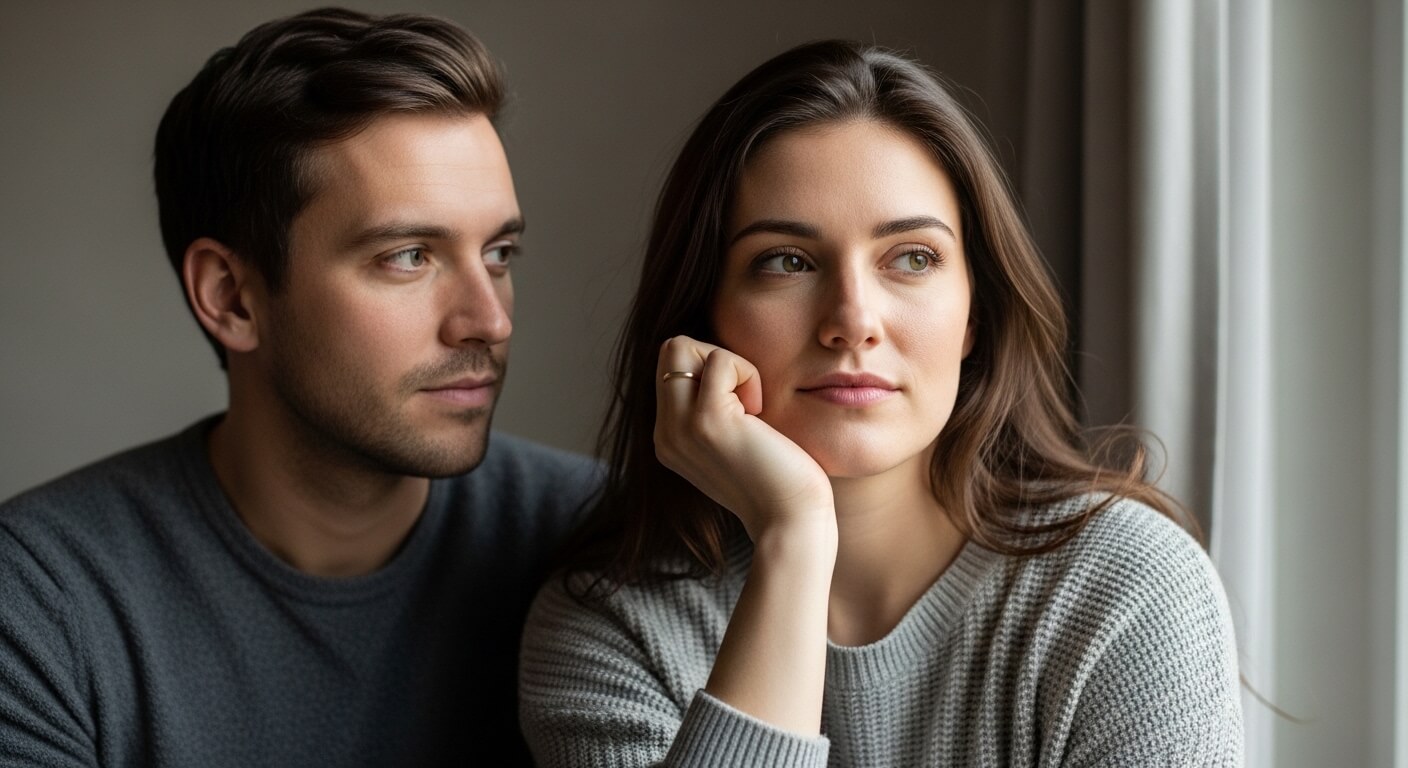 Young man and woman in gray sweaters looking thoughtfully out a window in soft natural light