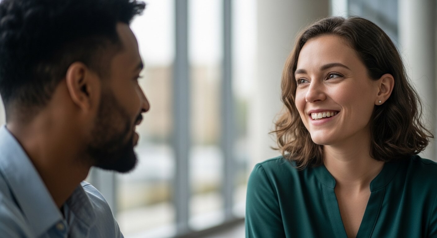 Smiling woman in green blouse talking with man in blue shirt in a bright office setting