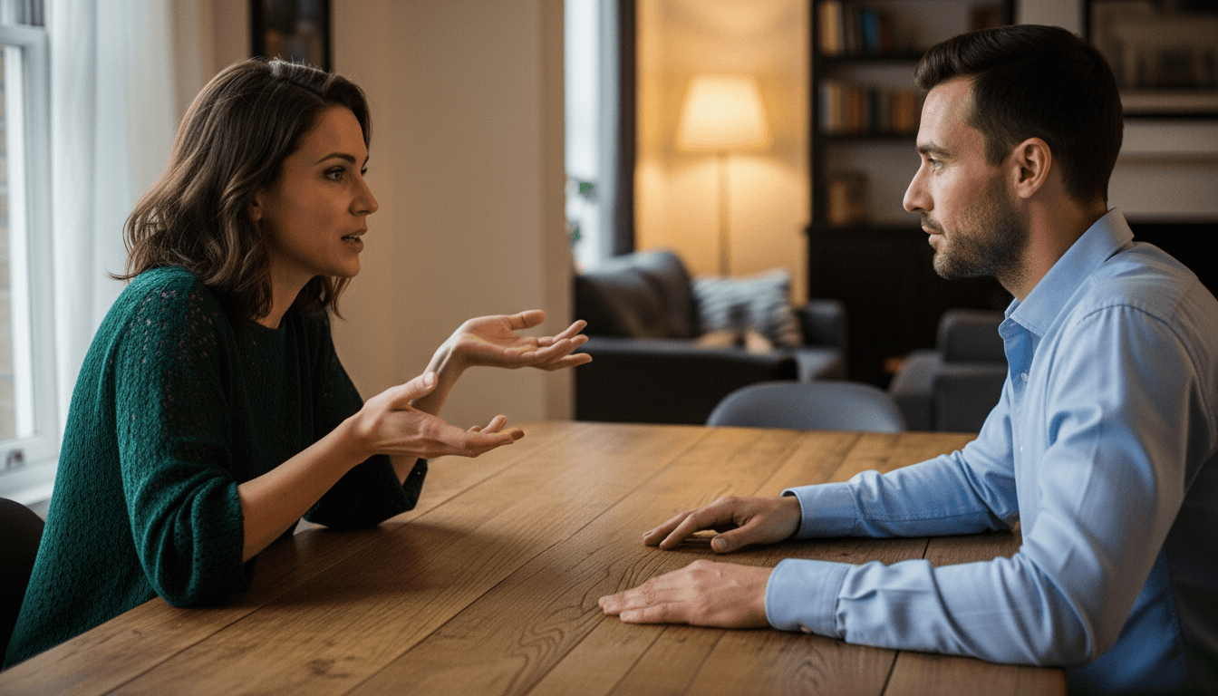 Woman in green sweater talking with man in blue shirt across wooden table in living room