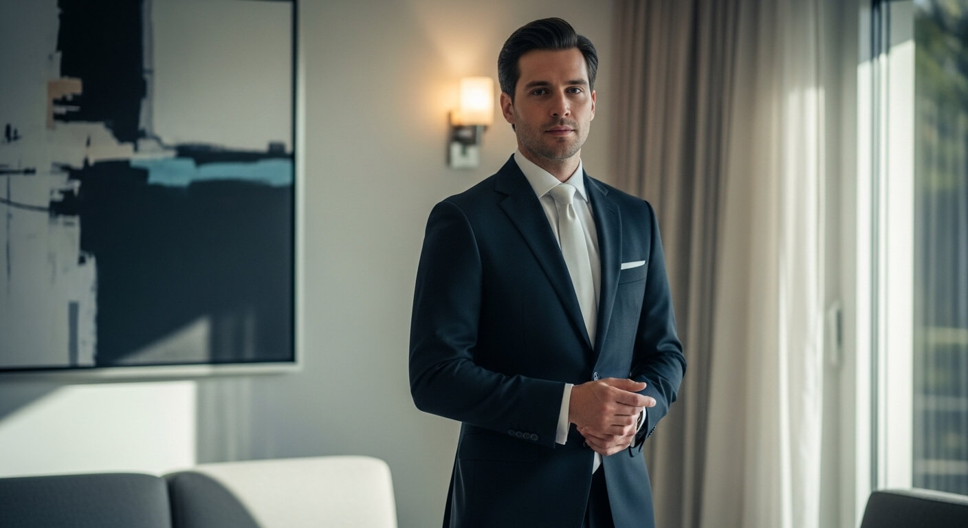 Man in a dark suit and white tie standing in a modern room with abstract art and large windows.