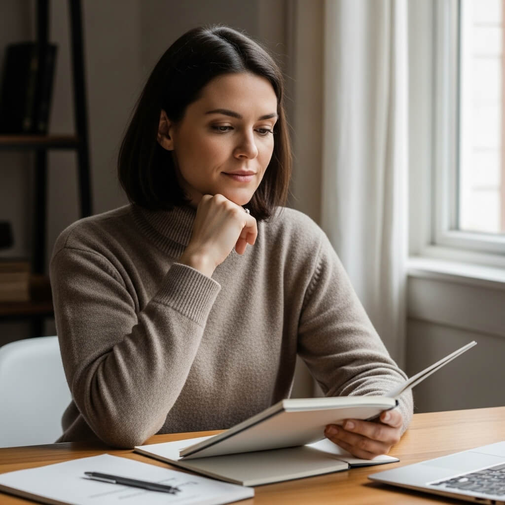 Woman in beige sweater reading a book at a desk near a window with a laptop and notebook.