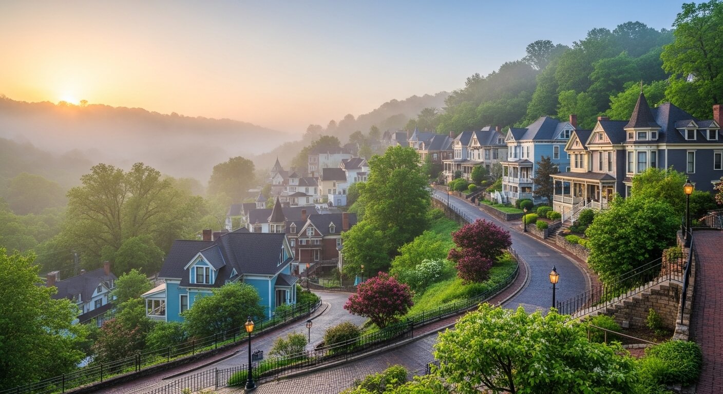 Sunrise over a misty hillside neighborhood with Victorian-style houses and blooming trees along a winding road.