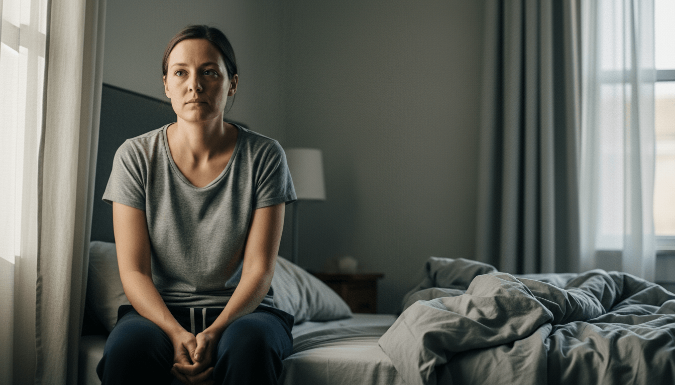 Woman in gray t-shirt and dark pants sitting on the edge of an unmade bed in a dimly lit bedroom.