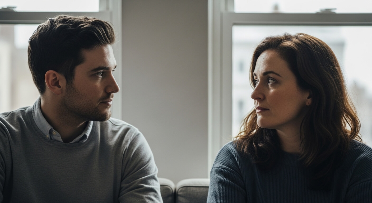 Man and woman sitting on a couch facing each other with neutral expressions near windows.