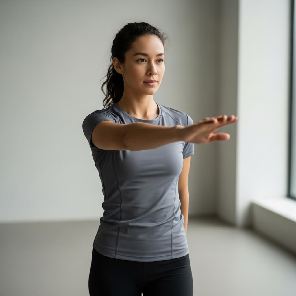 Woman in gray athletic shirt stretching arm indoors near window