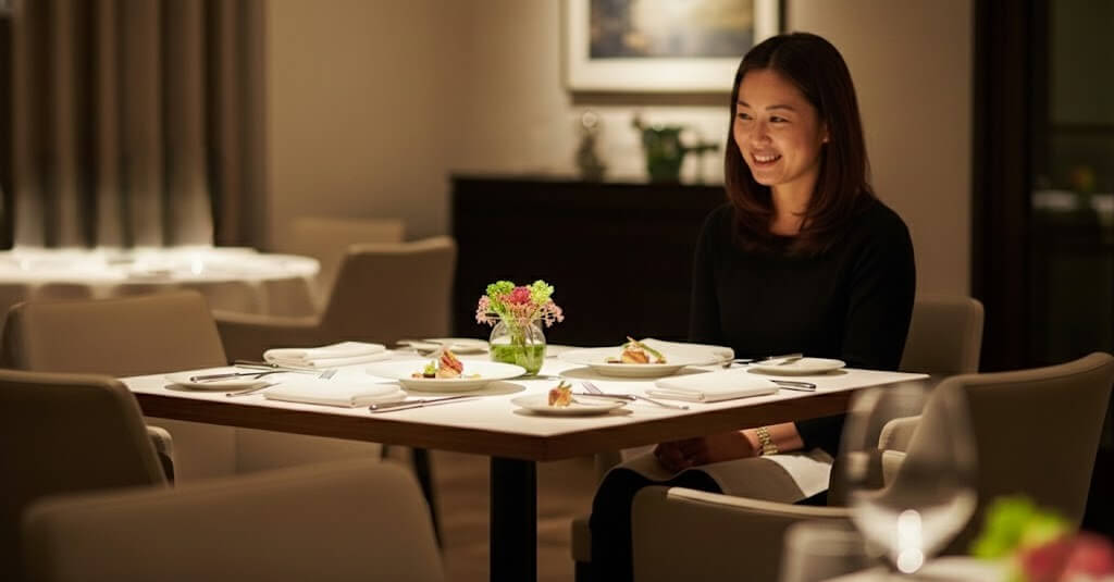 Woman in black dress sitting at a restaurant table set with plates, cutlery, and a small flower vase