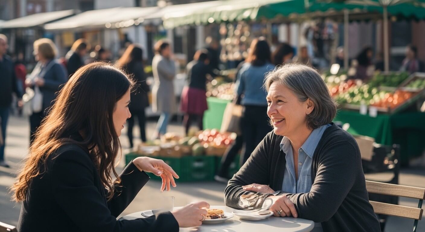 Two women smiling and talking at an outdoor market café table with pastries and coffee cups.
