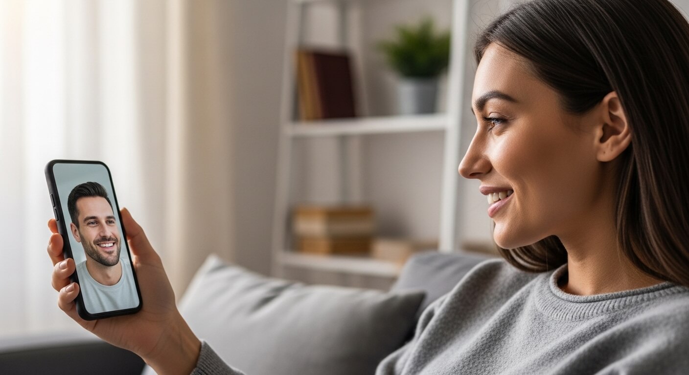Woman smiling while video calling a man on a smartphone in a cozy living room.