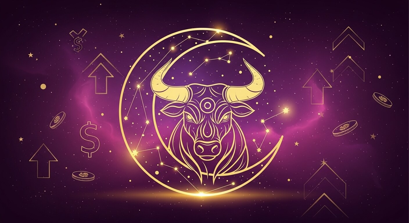 Golden Taurus zodiac symbol with constellation and crescent moon on a purple cosmic background with dollar signs and upward arrows.