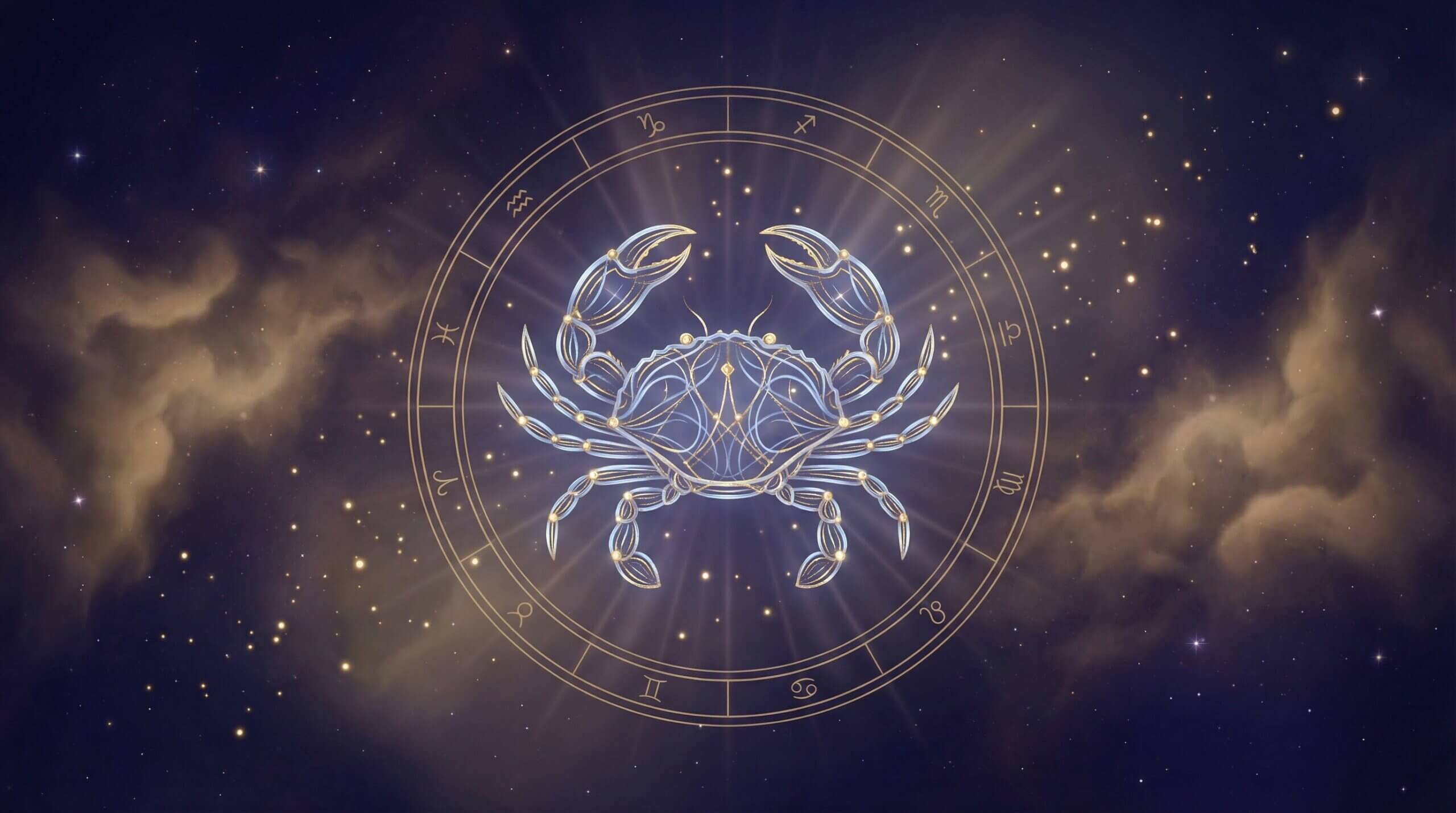 Zodiac sign Cancer symbol glowing in a starry night sky with astrological wheel background.