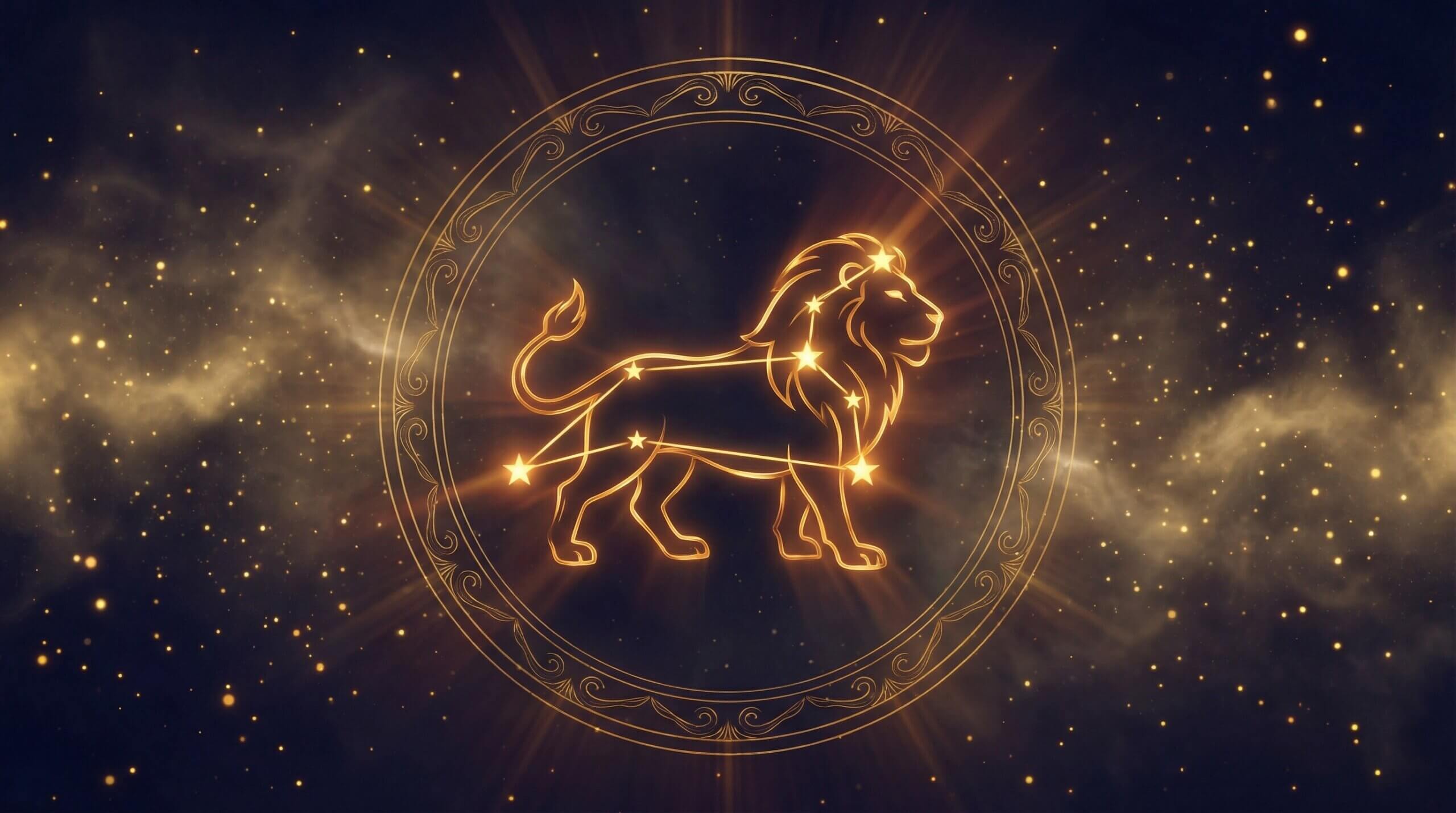 Leo zodiac constellation glowing in a decorative circular frame against a starry background